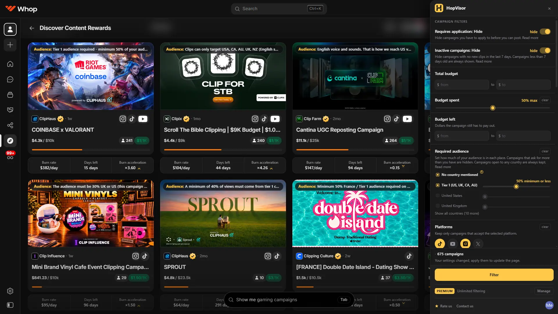 HopVisor's filter panel open next to the Whop Content Rewards listing, filtering campaigns by rate per 1k views and payout thresholds
